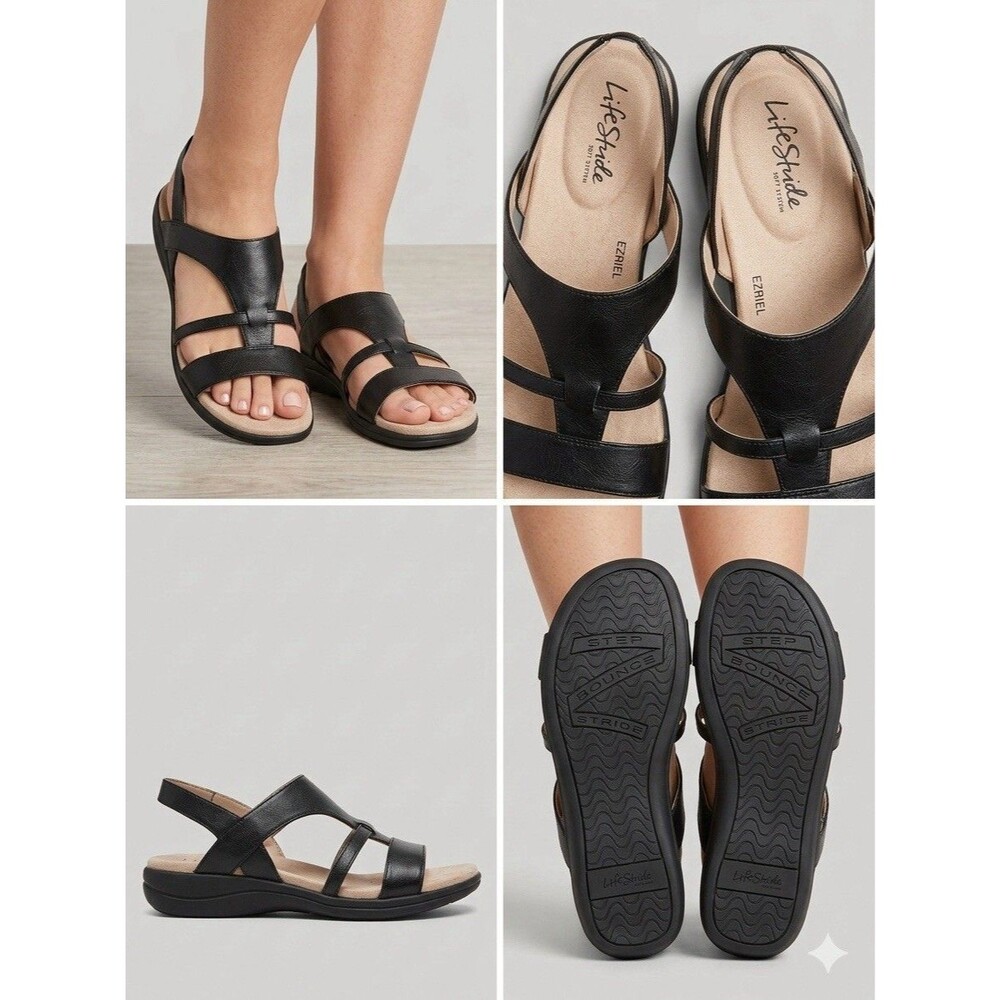LifeStride Women's Black Strappy Slip On Sandals Synthetic Casual US 10